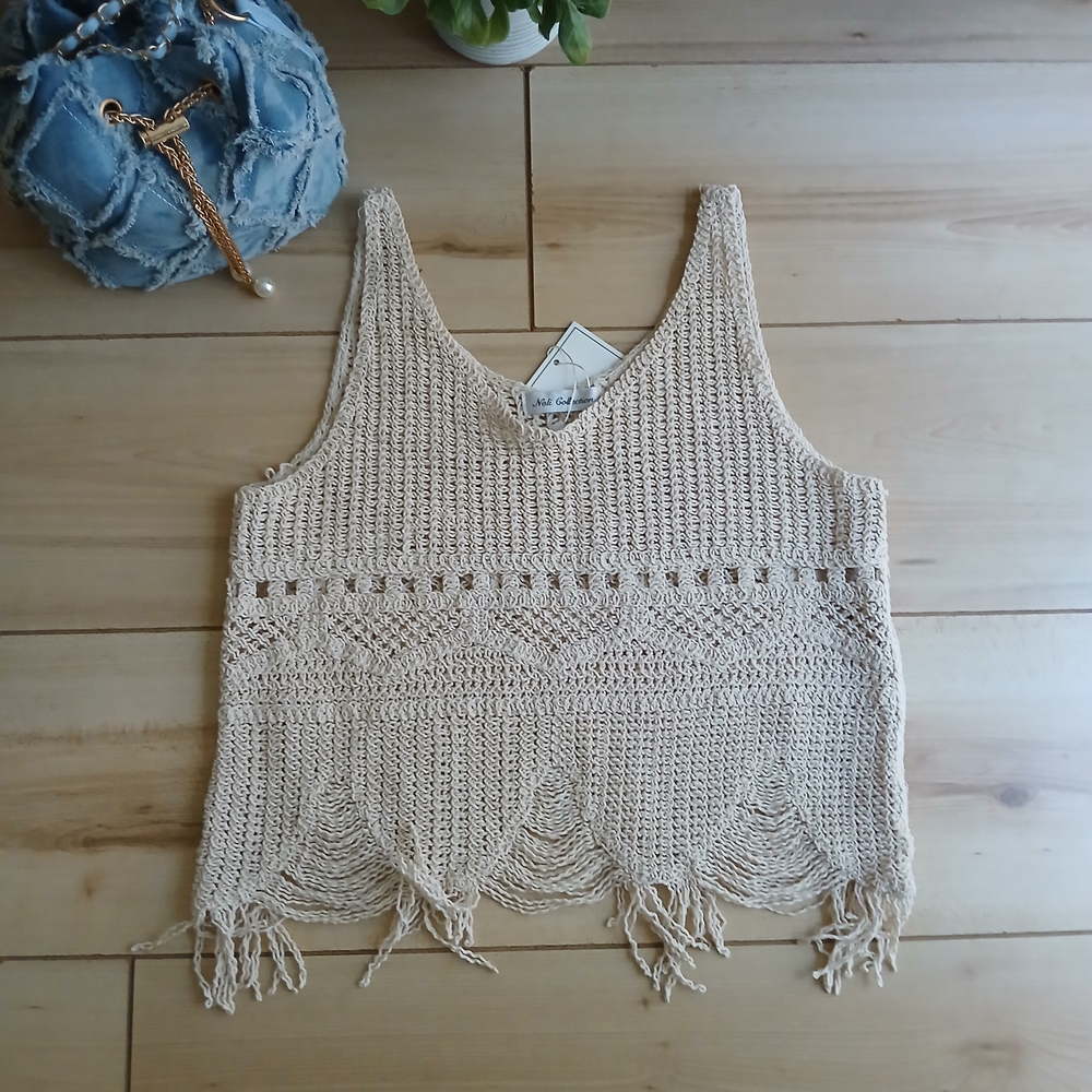 Boho Boutique Beige Crochet Tank Top One Size Fits Most NWT